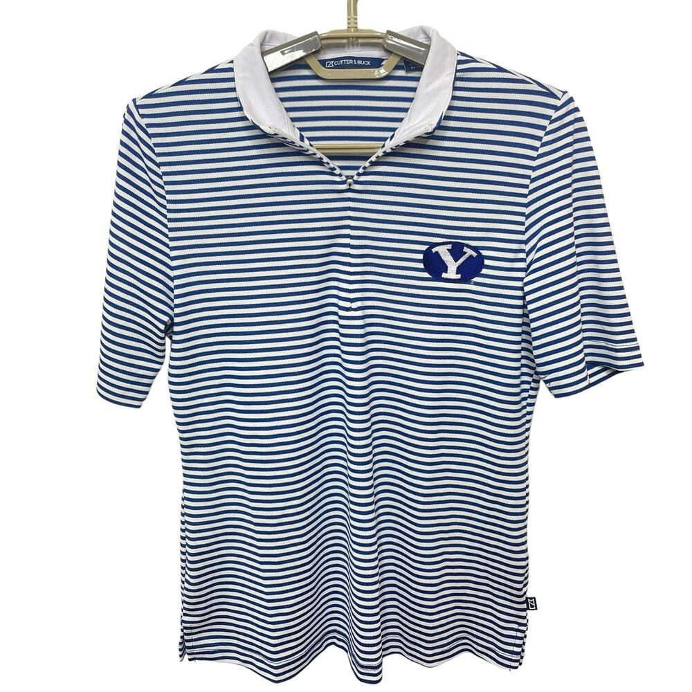 BYU Cutter & Buck Navy Striped Virtue Eco Pique Top Women’s 1/4 Zip Petite Small - Picture 2 of 10